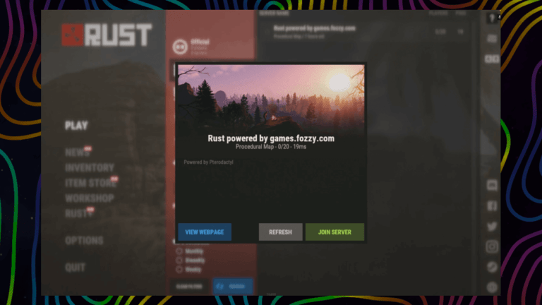 RUST Game Panel with Connection Window to game.fozzy.com Server