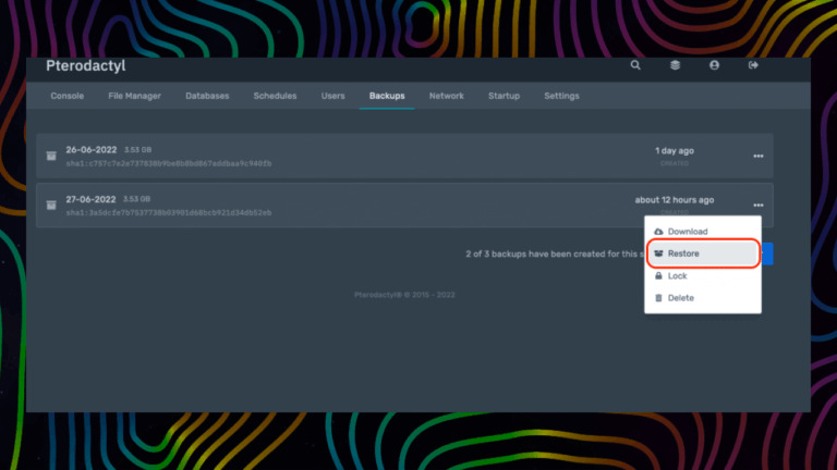 List of Minecraft backups with a note to restore one of the versions