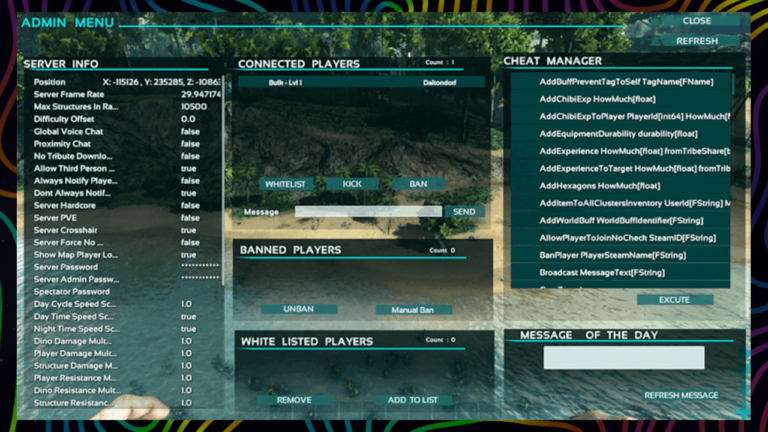 Admin panel of ARK server with info